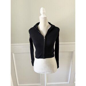 Cotton On Black Ribbed Crop Stretch Zip-Up Hoodie S